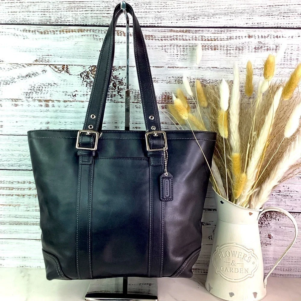 COACH VINTAGE HAMPTON BLACK SHOULDER BAG TOTE SMOOTH‎ LEATHER PURSE WORK